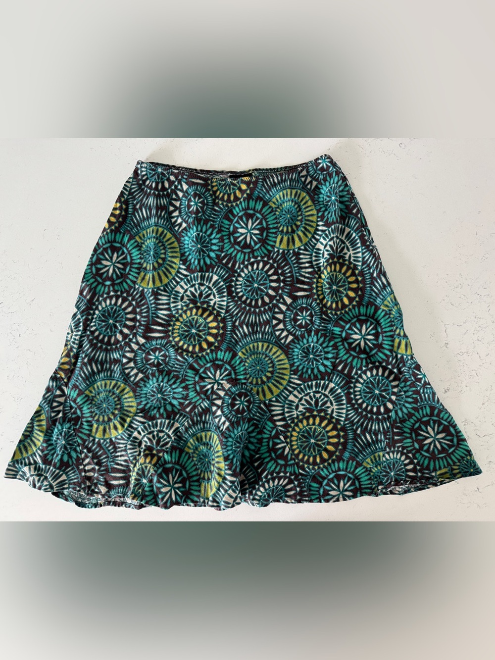 East 5th Teal and Yellow Patterned A-Line Skirt